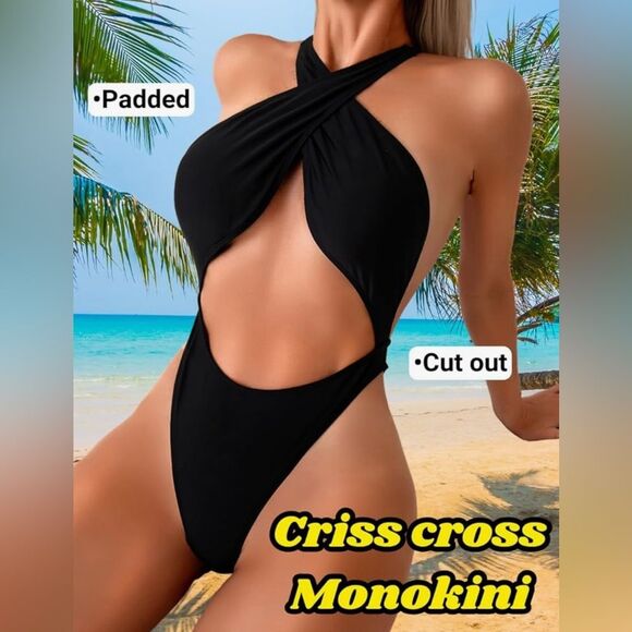 Kaei&Shi One Piece Swimsuit Women Cut Out Criss Cross Thong Monokini Black M - Picture 2 of 10